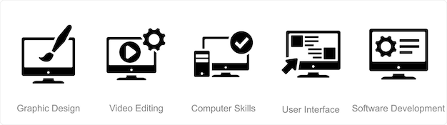 A set of 5 Hard Skills icons as graphic design video editing computer skills