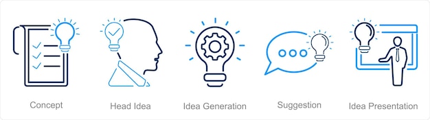 개념 머리 아이디어 아이디어 생성으로 5 개의 아이디어 아이콘 세트