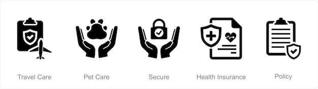 A set of 5 Insurance icons as travel care pet care secure