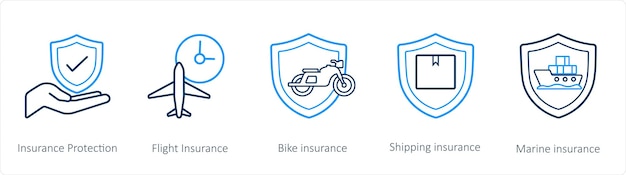 A set of 5 insurance icons such as insurance protection flight insurance