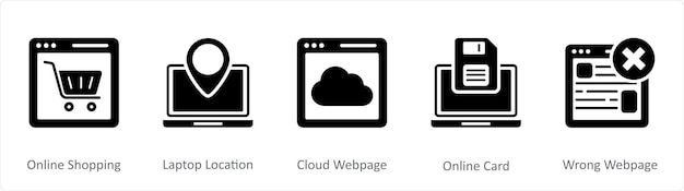 온라인 쇼핑 노트북 위치 클라우드 웹 페이지로 5 개의 인터넷 검은 아이콘의 세트