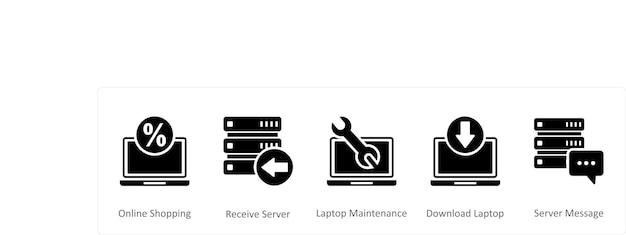 A set of 5 Internet black icons as online shopping receive server laptop maintenance