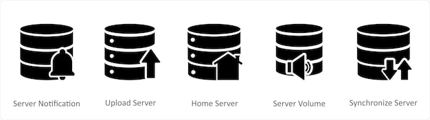 A set of 5 Internet black icons as server notification upload server home server