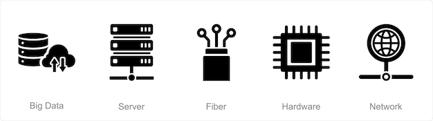 ビッグ データ サーバー ファイバーとしての 5 つのインターネット コンピューター アイコンのセット