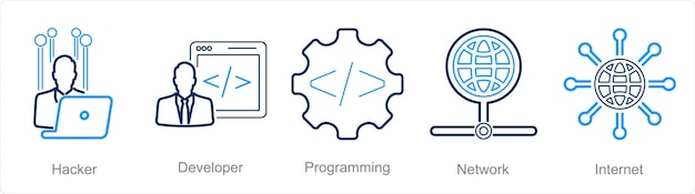 A set of 5 Internet Computer icons as hacker developer programming