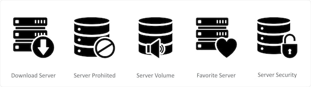 A set of 5 Internet icons as download server server prohibited server volume