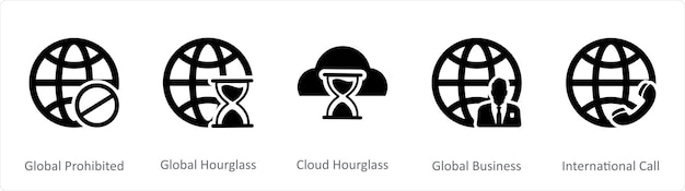 A set of 5 Internet icons as global prohibited global hourglass cloud hourglass
