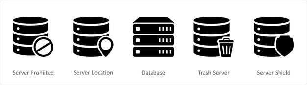 A set of 5 Internet icons as server prohibited server location database