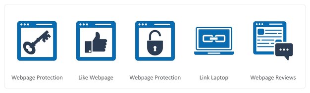 5 つのインターネットアイコンのセット - ウェブページの保護としてウェブページリンクラップトップ