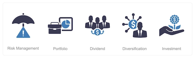 Vettore un set di 5 icone di investimento come dividendo del portafoglio di gestione del rischio