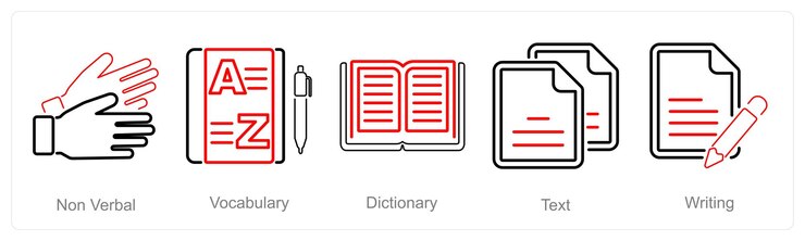 Vector a set of 5 language icons as non verbal vocabulary dictionary
