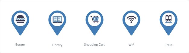 A set of 5 location icons such as Burger Library Shopping Cart