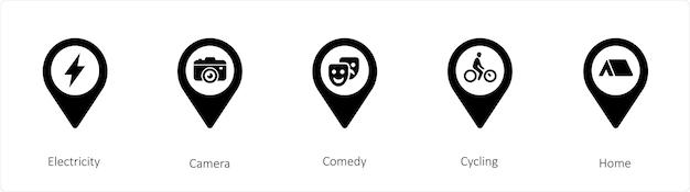 A set of 5 location icons such as Electricity Camera Comedy