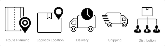 Vettore un set di 5 icone logistiche come pianificazione del percorso di consegna della posizione logistica
