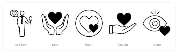 A set of 5 Love and Romance icons as self love love heart passion