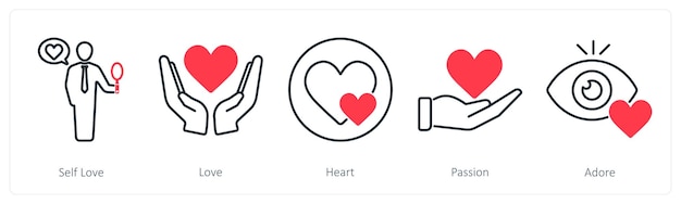 A set of 5 Love and Romance icons as self love love heart passion