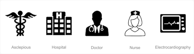 A set of 5 mix icons as asclepious hospital doctor