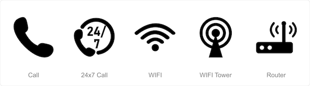 A set of 5 mix icons as call 24x7 call wifi