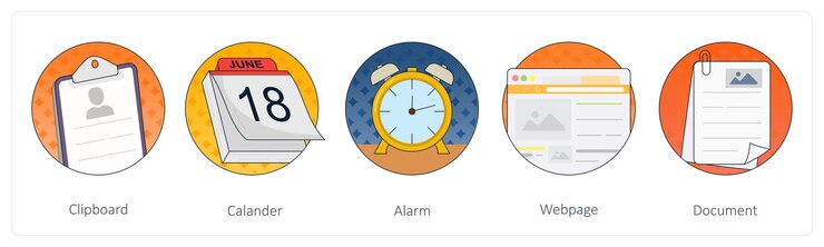 Vector a set of 5 mix icons as clipboard calendar alarm