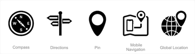 A set of 5 mix icons as compass directions pin