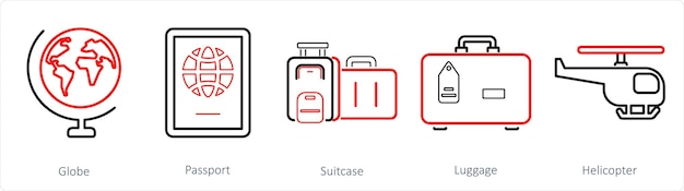 A set of 5 mix icons as globe passport suitcase