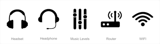 A set of 5 mix icons as headset headphone music levels