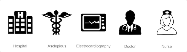 Vettore un set di 5 icone mix come elettrocardiografia asclepiosa dell'ospedale