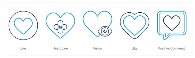 A set of 5 mix icons as like heart care vision
