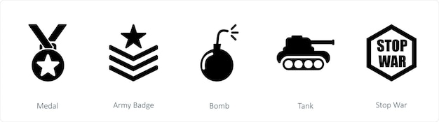 A set of 5 mix icons as medal army badge bomb