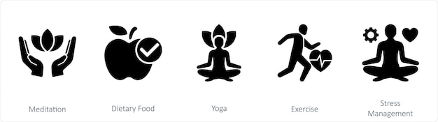 A set of 5 mix icons as medidation dietary food yoga