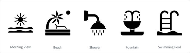 아침 전망 해변 샤워로 5가지 믹스 아이콘 세트