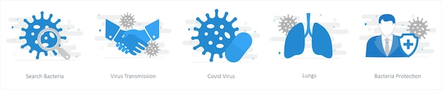 Vector a set of 5 mix icons as search bacteria virus transmission covid virus