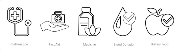 A set of 5 mix icons as stethoscope first aid medicine