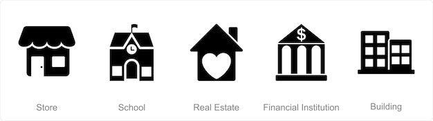 A set of 5 mix icons as store school real estate