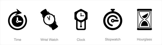 A set of 5 mix icons as time wrist watch clock