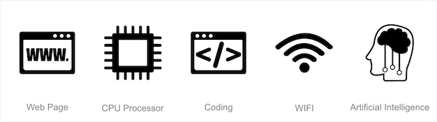 A set of 5 mix icons as web page cpu processor coding