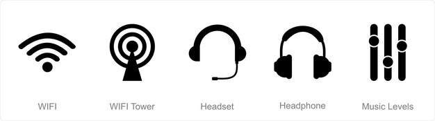 A set of 5 mix icons as wifi wifi tower headset