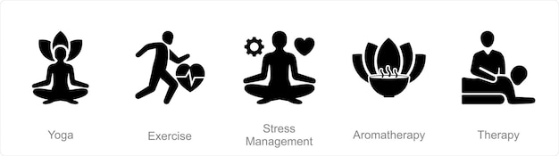 A set of 5 Mix icons as yoga exercise stress management