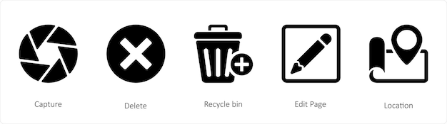 A set of 5 mix icons such as capture delete recycle bin