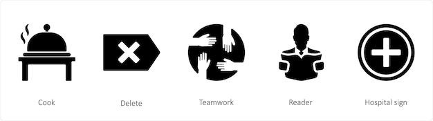 A set of 5 mix icons such as cook delete teamwork