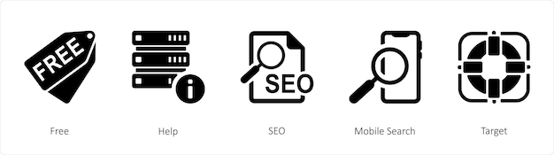 A set of 5 mix icons such as free help seo