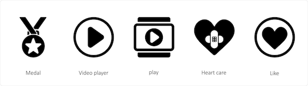 A set of 5 mix icons such as medal video player