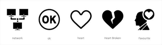 A set of 5 mix icons such as network ok heart