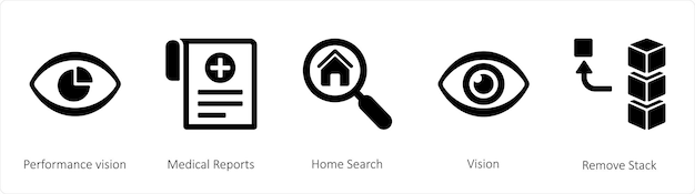 A set of 5 mix icons such as performance vision medical reports