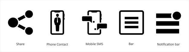 A set of 5 mix icons such as share phone contact mobile sms