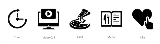 A set of 5 mix icons such as time video call pizza