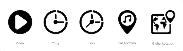 A set of 5 mix icons such as video time clock bar location