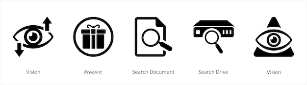 A set of 5 mix icons such as vision present save document