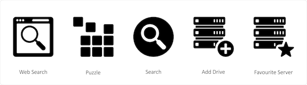 A set of 5 mix icons such as web search puzzle