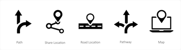 a set of 5 navigation icons such as path share location